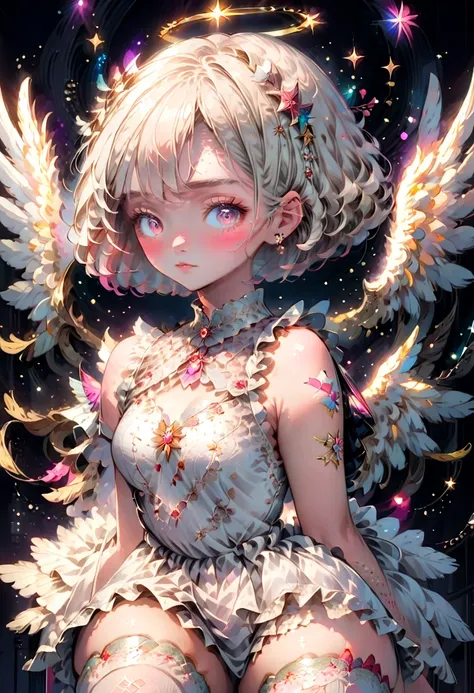 1girl, glowing halo above head, shoulder length short white blonde hair, angel wings, star eyes, skin texture, freckles, blush, ...