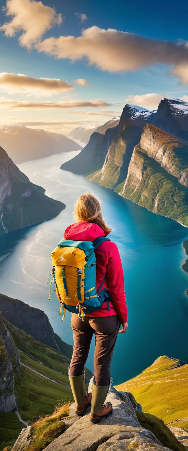 Highest quality,(masterpiece:1.2),Ultra-high resolution,RAW color photos,8K,Vast landscape photography,Realistic photos,Elaborate photos,Middle-aged women,Mountaineering,Back view,(Outdoor clothing),(Large backpack),(From below,Woman standing on a fjord,Gazing out at the vast ocean below),Beautiful sky,Beautiful sea,horizon,Depth of written boundary,Wide Light,Low Contrast,Backlight,Sharp focus,Vibrant colors,Dynamic composition