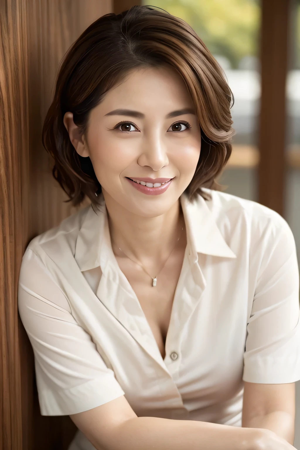 8K, Highest quality, masterpiece, Realistic, Realistic, Very detailed, Natural light, 1 Japanese female, 40 years old, Slightly brown-haired, short hair, White shirt, (Lean forward to look into the camera), Detailed bending forward, Underwear and shirt, , Open neckline shirt with details, Her cleavage is visible, A refreshing smile, A friendly smile, Happy emotion smiley faces, Very detailedな顔と肌, Very detailedな目, Very detailedな顔と肌, Very detailed smile,