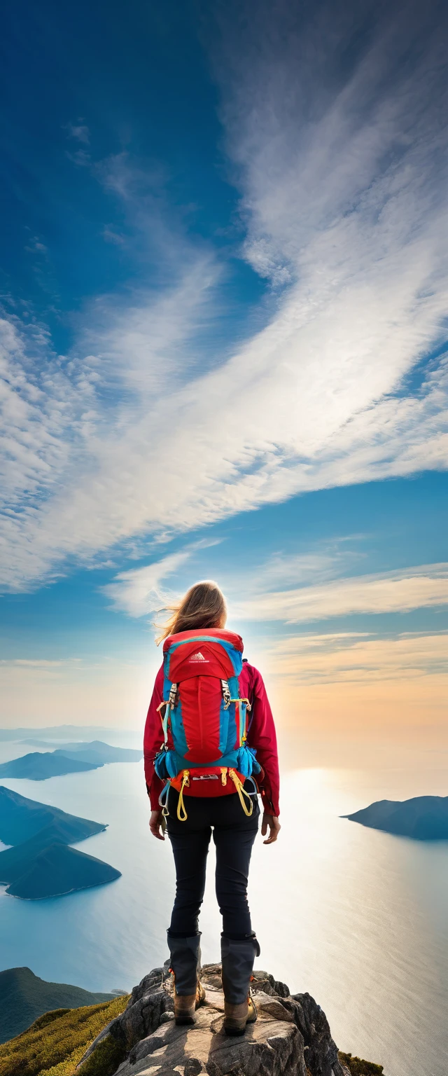 Highest quality,(masterpiece:1.2),Ultra-high resolution,RAW color photos,8K,Vast landscape photography,Realistic photos,Elaborate photos,Middle-aged women,Mountaineering,Back view,(Outdoor clothing),(Large backpack),(From below,Woman standing on top of mountain,Gazing out at the vast ocean below),Beautiful sky,Beautiful sea,horizon,Depth of written boundary,Wide Light,Low Contrast,Backlight,Sharp focus,Vibrant colors,Dynamic composition