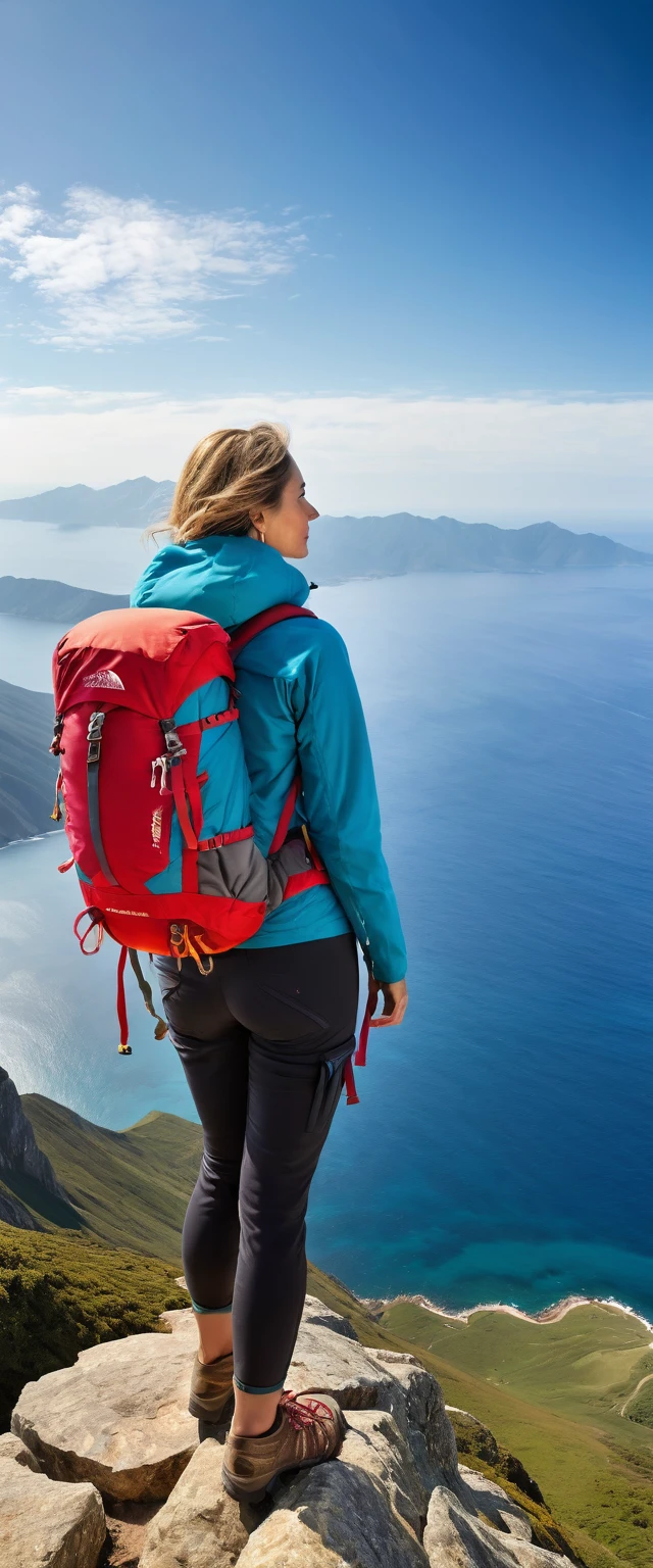 Highest quality,(masterpiece:1.2),Ultra-high resolution,RAW color photos,8K,Vast landscape photography,Realistic photos,Elaborate photos,Middle-aged women,Mountaineering,Back view,(Outdoor clothing),(Large backpack),(From below,Woman standing on top of mountain,Gazing out at the vast ocean below),Beautiful sky,Beautiful sea,horizon,Depth of written boundary,Wide Light,Low Contrast,Backlight,Sharp focus,Vibrant colors,Dynamic composition
