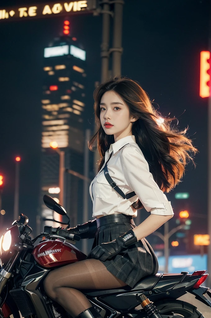 (((best quality))),(((ultra detailed))),(((masterpiece))),illustration,(1 beautiful girl,solo),((slim,thin)),((small ,flat chest)),(safety helmet:1.3),shoulder length straight bob hair,slender legs,cyberpunk, urban street,high school student, JK outfit,(riding on a motorcycle:1.3), sleek, (white collared short-sleeved shirt:1.3),(gloves:1.2),(red checkered pleated skirt:1.3),(pantyho3), stylish boots, confidence, determination, dark streets,neon lights, skyscrapers, urban noises, traffic, sirens, city sounds, futuristic, dystopian society, technology, fashion, explosive cocktail, st , modernity, attitude, spirit, anything is possible,((from front,upper body))