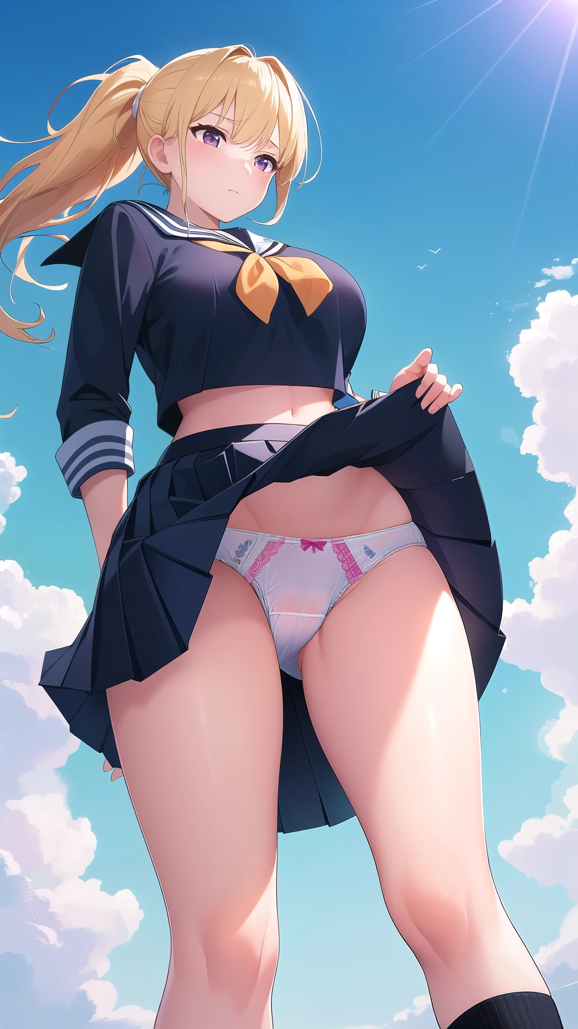 (best quality:1.5, highres, UHD, 4K, detailed lighting, shaders), blonde ponytail, large breasts, from below view, school sailor uniform, skirt lift, (panties), wind, close shot, crotch, thighs, sky background