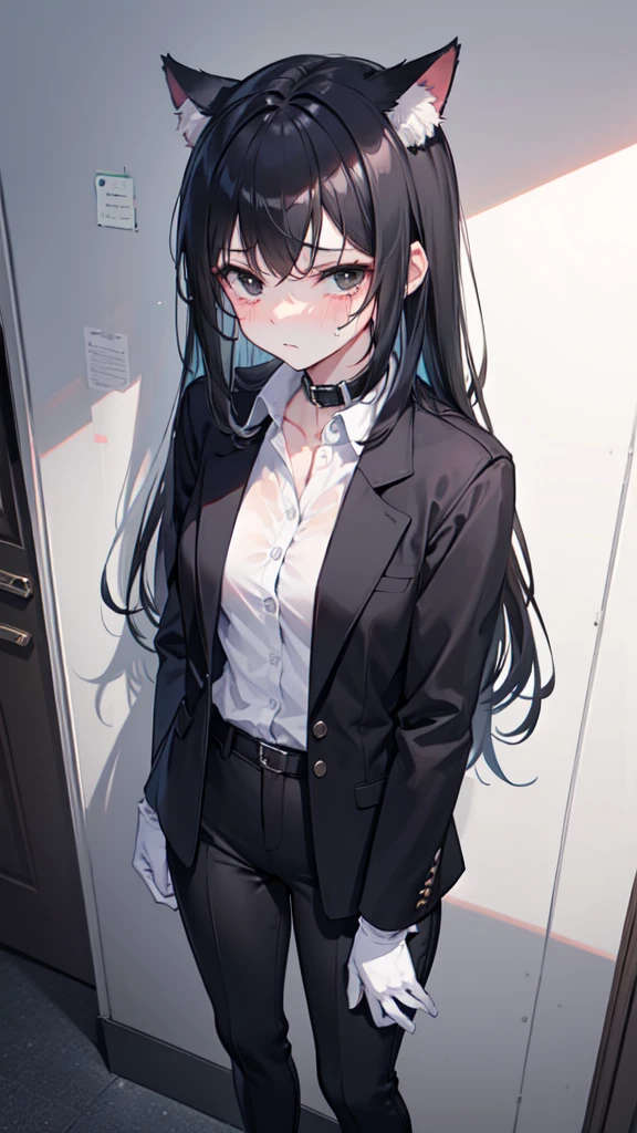 18-year-old girl,cute,Wear a white long-sleeved shirt and a black jacket and a black work tie,Wear black trousers,Wear black booties,Wear white gloves,wear cat ear,Wearing a collar,Black hair,Black eyes,Very thin waist,Very thin legs,Handsome,Disdainful and cold expression,shy,blush,scared,Sweating,tired,Outflow semen,Is giving sexual assault,crying,porn action