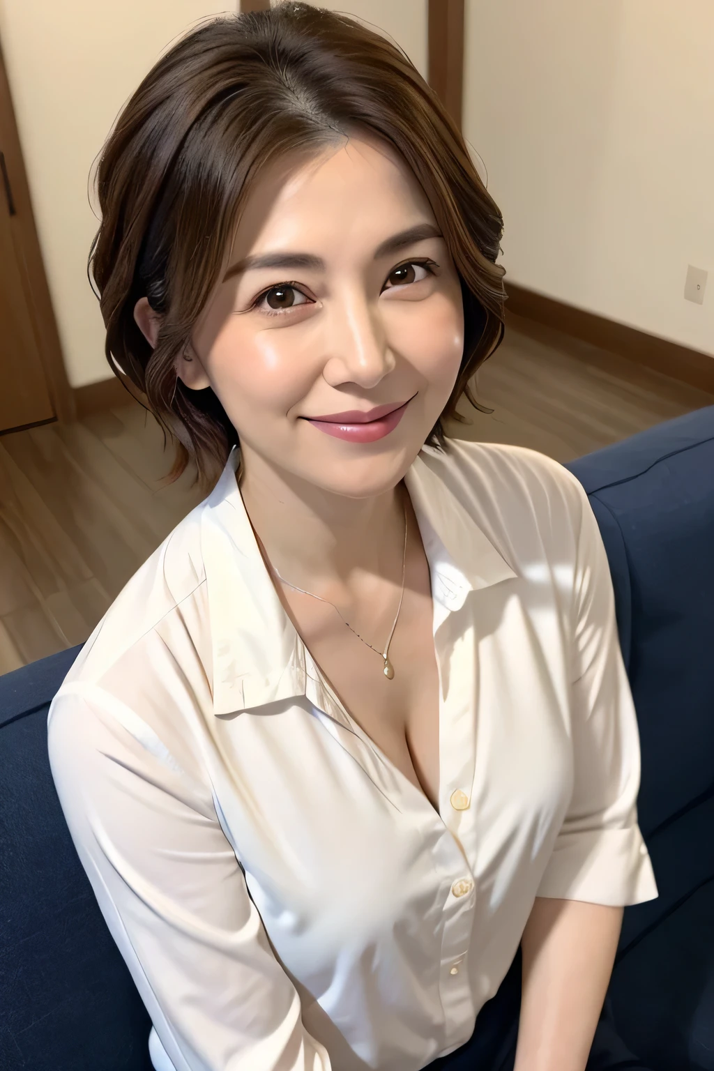 8K, Highest quality, masterpiece, Realistic, Realistic, Very detailed, Natural light, 1 Japanese female, 40 years old, Slightly brown-haired, short hair, White shirt, (Lean forward to look into the camera), Detailed bending forward, Underwear and shirt, , Open neckline shirt with details, Her cleavage is visible, A refreshing smile, A friendly smile, Happy emotion smiley faces, Very detailedな顔と肌, Very detailedな目, Very detailedな顔と肌, Very detailed smile,