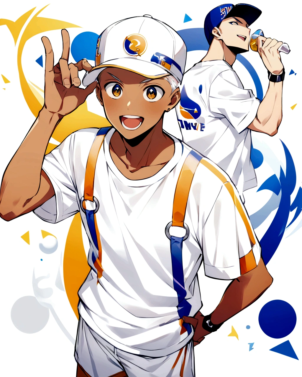 Create an anime-style illustration of a boy's character with solid white color background. The boy should be wearing a hip-hop style cap, tan shorts, white sneakers, and a white t-shirt featuring his team's colors. The overall look should convey a trendy and sporty vibe."