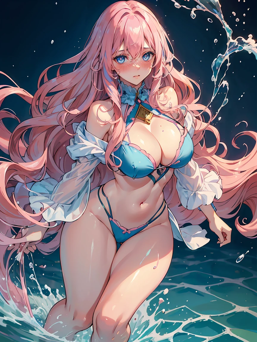 handsome girl，blue-eyes，blue pupils，Long pink hair，Hyperresolution，accuracy，Detailed rendering，（Subtle facial image）（Image of fine hair）（topquality）（Masterpieces of masters）（High degree of completeness）（A sense of atmosphere）tmasterpiece，Super detailed and super detailed（half-body portrait), long wavy pink hair, , in water, (((tHICK WAVY HAIR)))(((ANKLE LENGTH HAIR)))(((Blushing)))(((Huge breasts)))(((LARGER BREASTS))) large breasts, bigger breasts (((Bigger breasts))) (((Blushing))) (((Sakimichan))) (((Pink hair)))