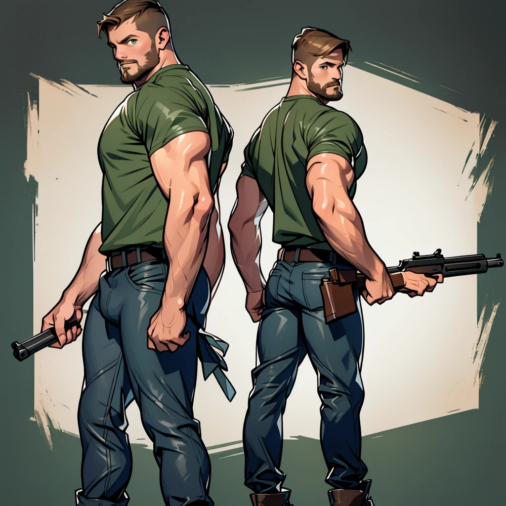 ((Character sheets, face , back, side ))1 man, male focus solo, middle aged man,Stephen AMELL as a military man, lean muscle,dark green T shirt, brown leather belt and boots, green(( camouflage tactical pants)) with ((big bulge)), full body shot, dark blond short hair, well groomed facial hair, holding a gun with one hand, (gun:1.2), ultra high quality, masterpiece, ,( intense splashed of dark green and brown paint in the blackground)