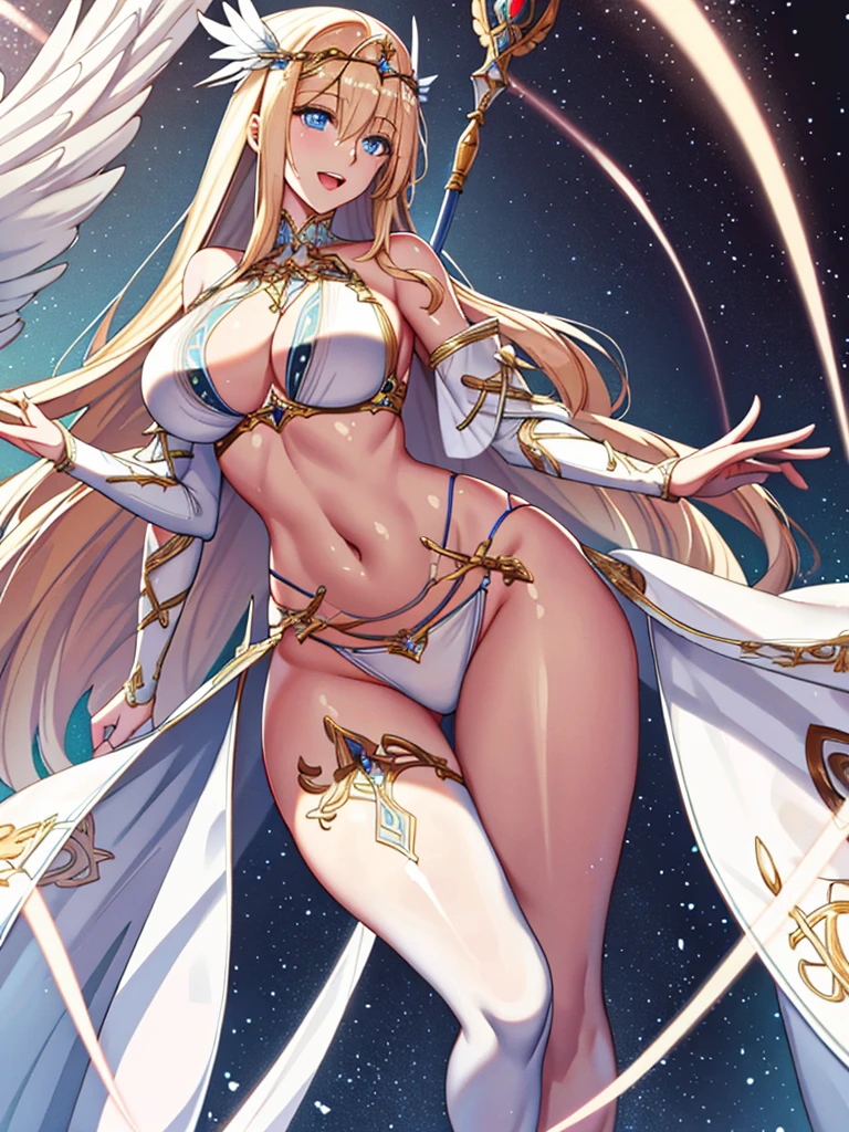 A priestess in a white bikini,Valkyrie,Angel Wings,belly on,Complex,Particles of light,Thighs,Shiny skin,Big Mouth、running、Long legs、Perfect lighting, One adult woman, View your viewers、Pelvic Curtain, Open Mouth Smile、(masterpiece), (Highest quality), maternal, Porcelain-like skin, Honey Blonde Hair,Detailed blue eyes、Very long straight hair