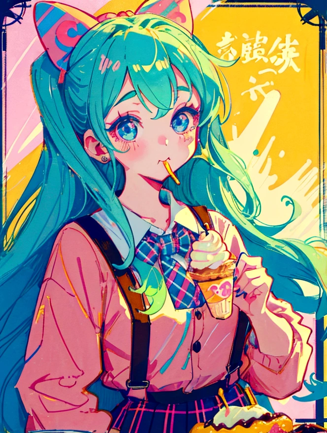 A cute girl,Anime art style,Head close-up,Big eyes with long eyelashes,Hair tied at the back,The big bow is decorated with colorful plaid,She eats ice cream in a retro dessert shop with a vintage neon sign,Surrounded by colorful desserts poster。She has blue eyes and fair skin.。She was wearing a green plaid suspender skirt,A bow is tied around the neck。Bright colors,Strong contrast,Kawaii punk aesthetic