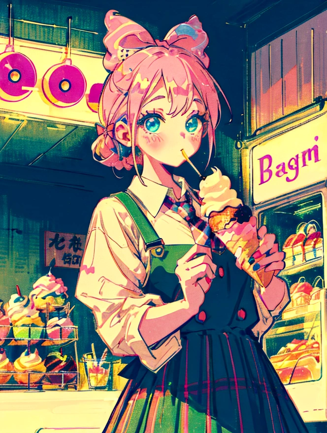 A cute girl，Anime art style，Head close-up，Big eyes with long eyelashes，Hair tied at the back，The big bow is decorated with colorful plaid，She eats ice cream in a retro dessert shop with a vintage neon sign，Surrounded by colorful desserts poster。She has blue eyes and fair skin.。She was wearing a green suspender skirt，A bow is tied around the neck。Bright colors，Strong contrast，Kawaii punk aesthetic