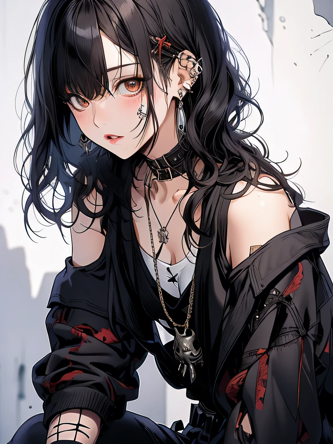 masterpiece, highest quality, pixiv, cool girl, the strongest pirate girl, (((Japanese)))、Horikita Maki、skull fashion, dark brown hair, curly hair, dull bangs, straight bangs, gray eyes, white skin, gal, Improve