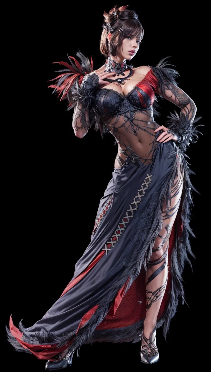 Scarlett johansson as anna williams from tekken 7, dangerous face expression ((best quality)), ((Masterpiece)), ((ultra realistic)),(Dynamic sexy pose), red dress,, masterpiece, Striking detailed face, Seductive expression,  Detailed eyes, Realistic, ultra-realistic, Professional whole body photo, (Photo 4K:1.1) by (Jeremy Lipking:0.3), (Dittmann Anna:0.3), (Cecile:0.3), (sharp focus:1.3), high detail:1.2, perfect anatomy, perfect symmetry:1.2, realistic face:1.2, perfect face, content, confident, very detailed, and dramatic, cinematic lighting, lighting scene, soft lights （big ass），(brown hairs),((Skinny silk dress)),（big ass）， (view the viewer:1.3) open breast, Very slim, Medium breasts, Turn Back, Back shot, , underwear
