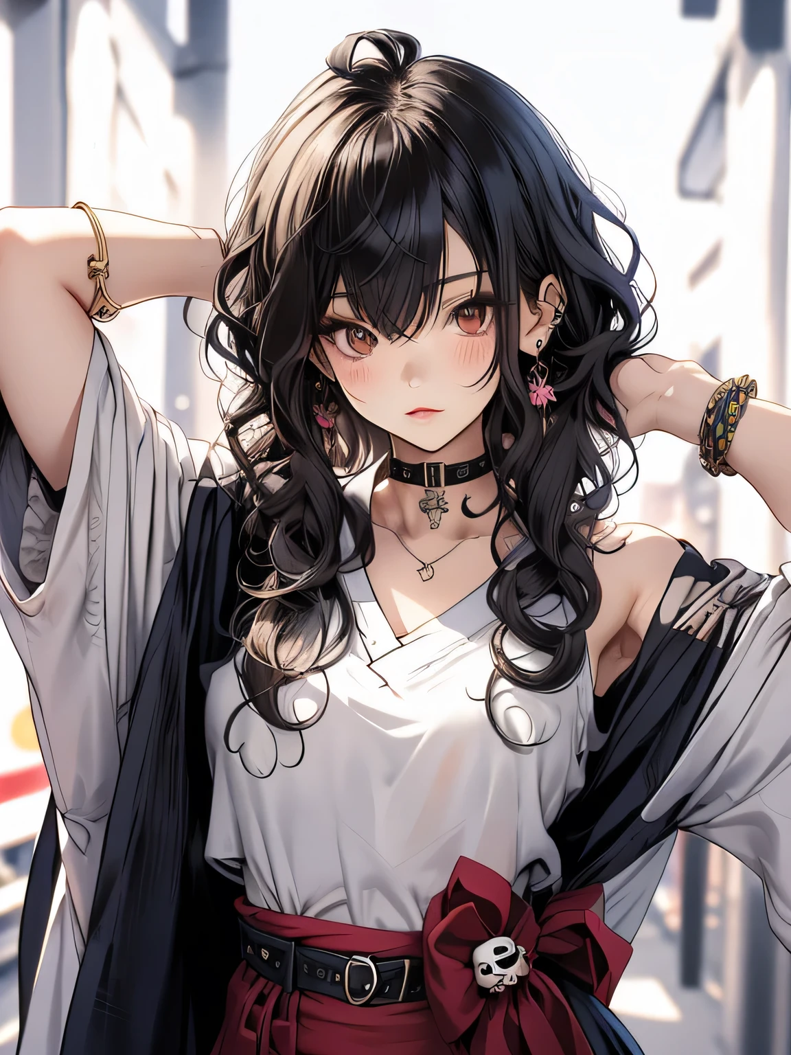 masterpiece, highest quality, pixiv, cool girl, the strongest pirate girl, (((Japanese)))、Horikita Maki、skull fashion, dark brown hair, curly hair, dull bangs, straight bangs, gray eyes, white skin, gal, Improve