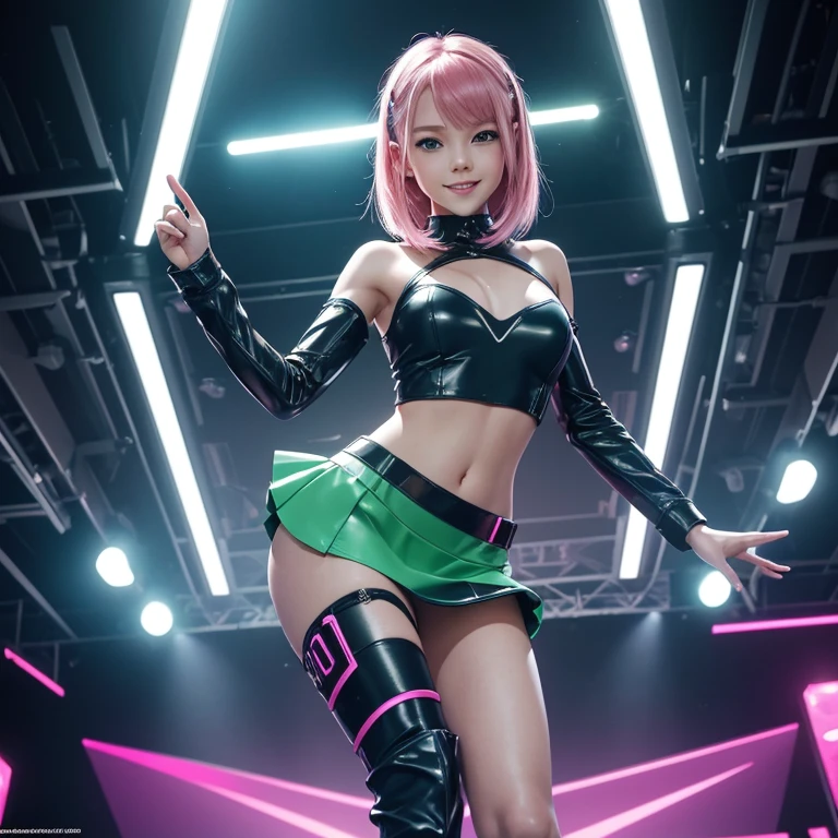 (masterpiece), (best quality), (high res) Solo, (perfect anatomy young girl (10 years old), fair skin, pink hair (shoulder length), green eyes, (skin tight idol outfit), (blue high heels boots), (shirt), (super tight mini skirt), smiling, flat chest in a futuristic stage setting with a green light, cyberpunk, cyber suit, best anime 4k, cybersuits, singing to a big crowd of people
