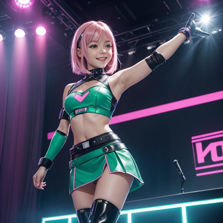 (masterpiece), (best quality), (high res) Solo, (perfect anatomy young girl (10 years old), fair skin, pink hair (shoulder length), green eyes, (skin tight idol outfit), (blue high heels boots), (shirt), (super tight mini skirt), smiling, flat chest in a futuristic stage setting with a green light, cyberpunk, cyber suit, best anime 4k, cybersuits, singing to a big crowd of people