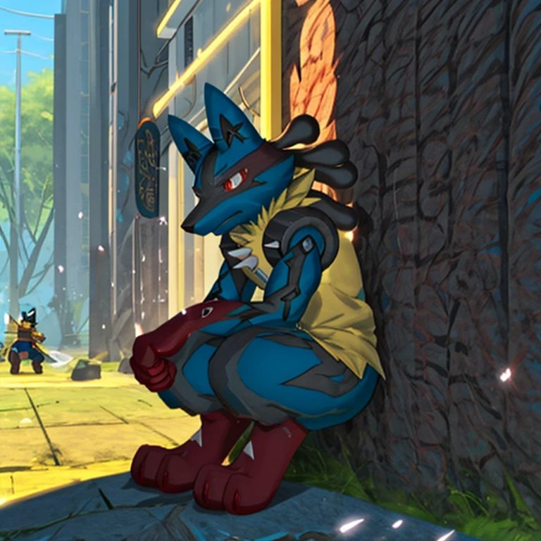 solo, kemono, (mega Lucario), red and yellow fur, anthro, male, tail, muscles, handsome, heroic, outdoors, outside, toe claws, epic, depth of field, perfect lighting, (light particleest quality),(masterpiece),(ultra detailed),sharp focus,light particles, sitting, suggestive