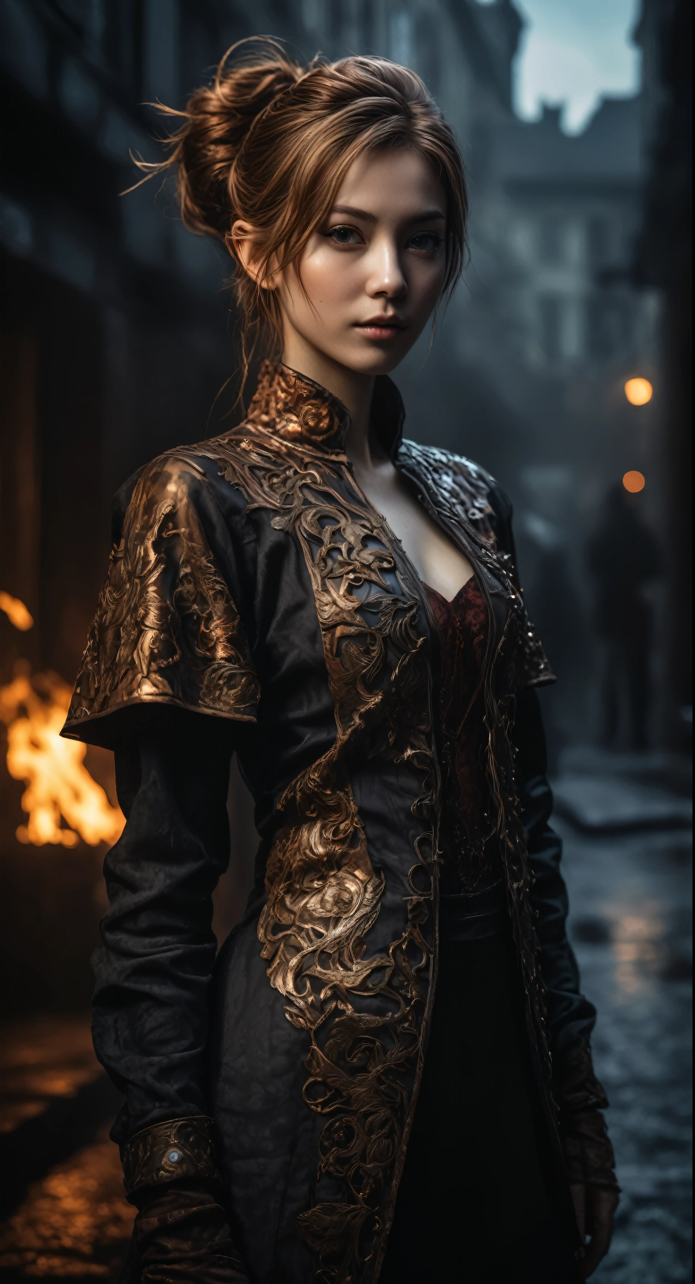 (Professional Photography, extremely detailed), black copper elf in a doctor's costume, placed in a Silent Hill atmosphere with backlighting,flame, inspired by the style of Nicola Samori, Alina Ivanchenko, and Sergey Zabelin. The character references Aerith Gainsborough..,city in the background,Chinese,pixie,complex parts,realistic wet skin,extremely complex parts,anatomically correct,high contrast,Ultra HD,HDR,Photo,Photorealism,masterpiece, natural skin textures, hyperrealism,hyper detailed,high contrast,Realism,ultra detailed,irina yermolova, Close-up of the whole body,permission 32k,Nikon Z9