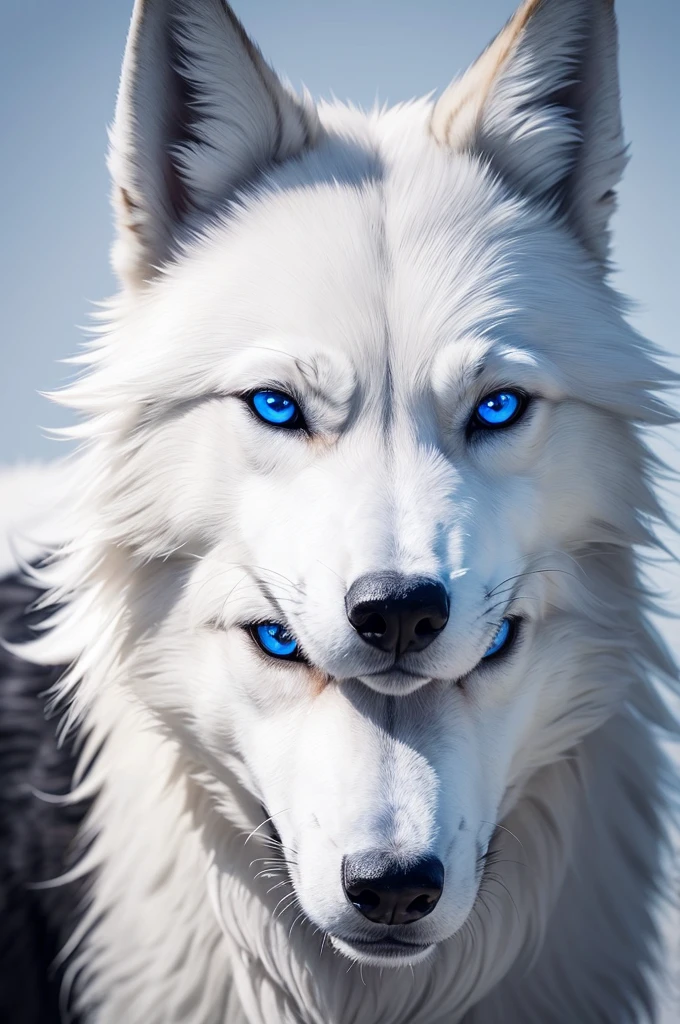 Create for me a wolf with white fur and blue eyes, his right ear is half torn off and his left eye has a scar