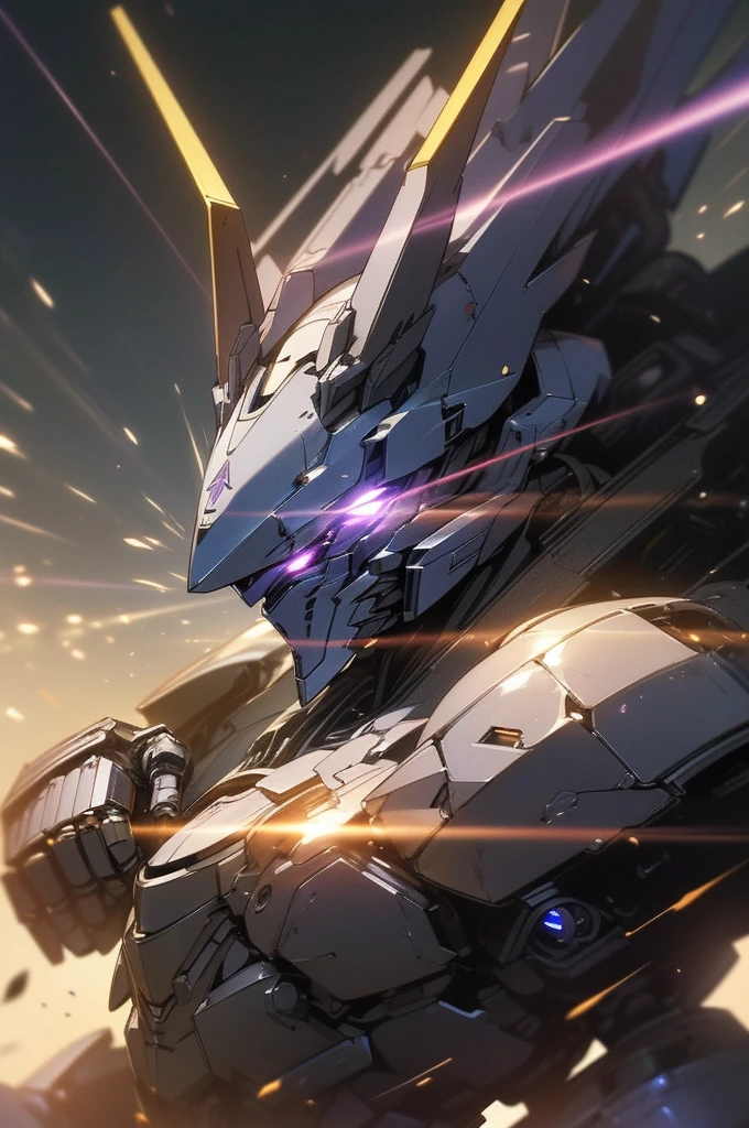{masterpiece, distinct_image, extremely detailed CG, (extremely detailed fine touch:1.2),action manga, monochrome, sketch,ink splashing, (natural light, sun light, light rays, dappled light, ray tracing:1.2), glitter, purple_light, (glow_black_upper_body, front_light:1.3), {1mecha, fist_focus, upper_body, dynamic angle, standing, fighting stance, attack, punching, clenched hand},{(black_colored_upper_body_machine armor, mecha head, Very Huge Mechanical Gauntlets:1.3), (purple_glowing_eye:1.2) , no_holding_weapon}}