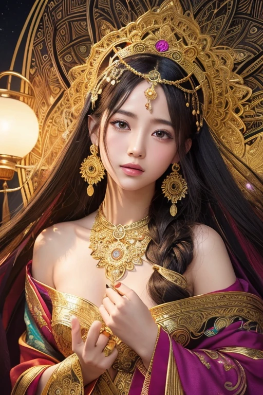 (masterpiece, Highest quality, Highest quality, Official Art, beautiful and aesthetic:1.2), (One girl), Very detailed,colorful,Most detailed, Official Art, unity 8k wallpaper, Super detailed, beautiful and aesthetic, beautiful, masterpiece, Highest quality, (zenTangle, Mandala, Tangle, enTangle) 、,Gold foil,Gold leaf art,Sparkly Painting, Perfect NwsjMajic、Has a large crystal、Amaterasu Omikami、(naked)、fortune teller、Love Advice、Golden Room、 information