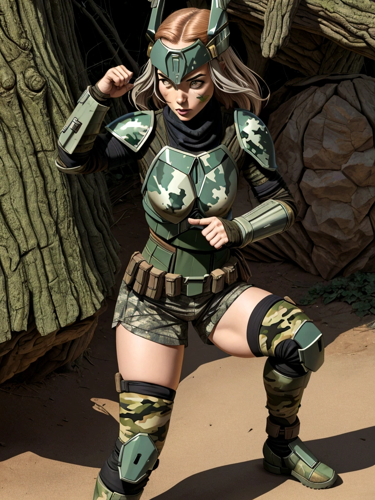 Mandalorian female, Mandalorian girl, shorts, action pose, camo, camouflage, camo armor
