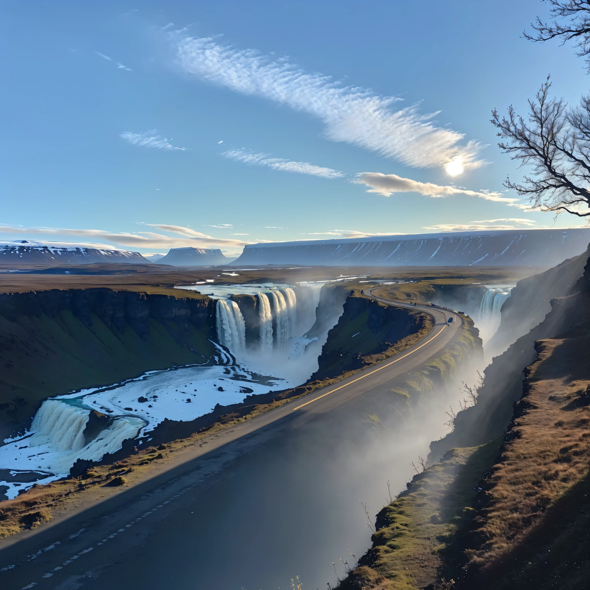 A road viewed from the perspective of Arav，Waterfall in the background, iceland photography, Shot with iPhone 1 3 Pro max, Shot with iPhone 1 3 Pro, Shot with iPhone 14 Pro, Shot with iPhone 1 3 Pro, Waterfall in the background, Waterfall in the distance, Waterfall in the distance, Shot with iPhone, Lavs flowing through the land