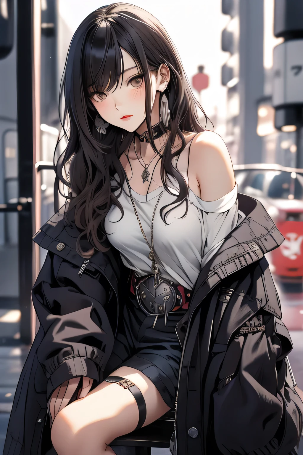 masterpiece, highest quality, pixiv, cool girl, the strongest pirate girl, (((Japanese)))、Horikita Maki、skull fashion, dark brown hair, curly hair, dull bangs, straight bangs, gray eyes, white skin, gal, Improve