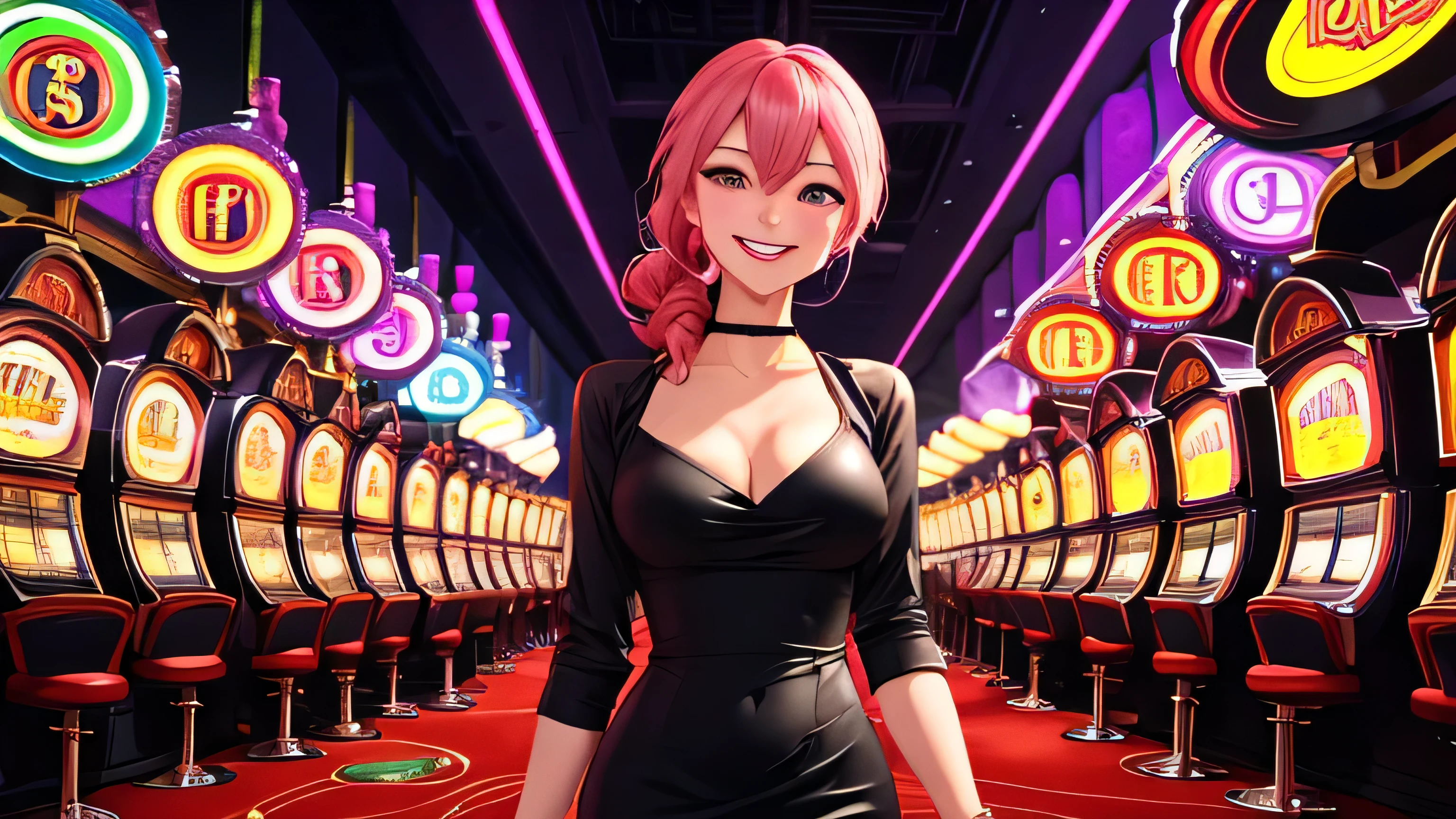 Masterpiece, best quality, 1 dealer girl, alone, look at viewer, chest, mature woman, collarbone, Random Hairstyles, cyberpunk, neon light, In the building, Casino, black tight dress, depth of field, playful mood,Big smile,The model is not in the center of the image.(left or right)