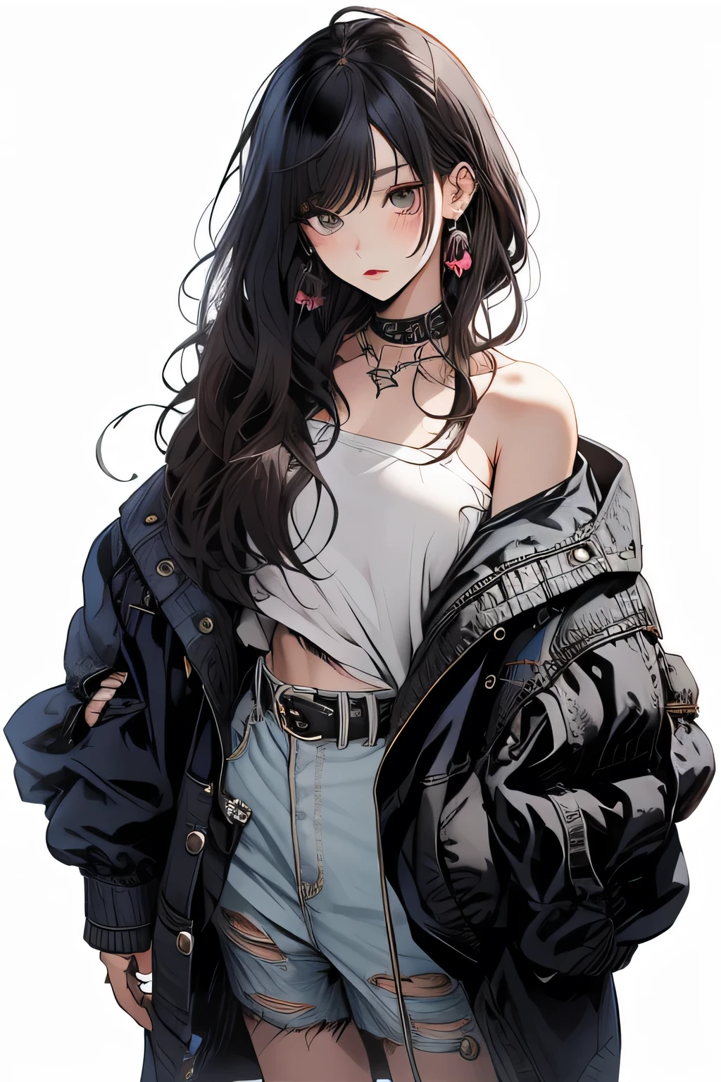 masterpiece, highest quality, pixiv, cool girl, the strongest pirate girl, (((Japanese)))、Horikita Maki、skull fashion, dark brown hair, curly hair, dull bangs, straight bangs, gray eyes, white skin, gal, Improve