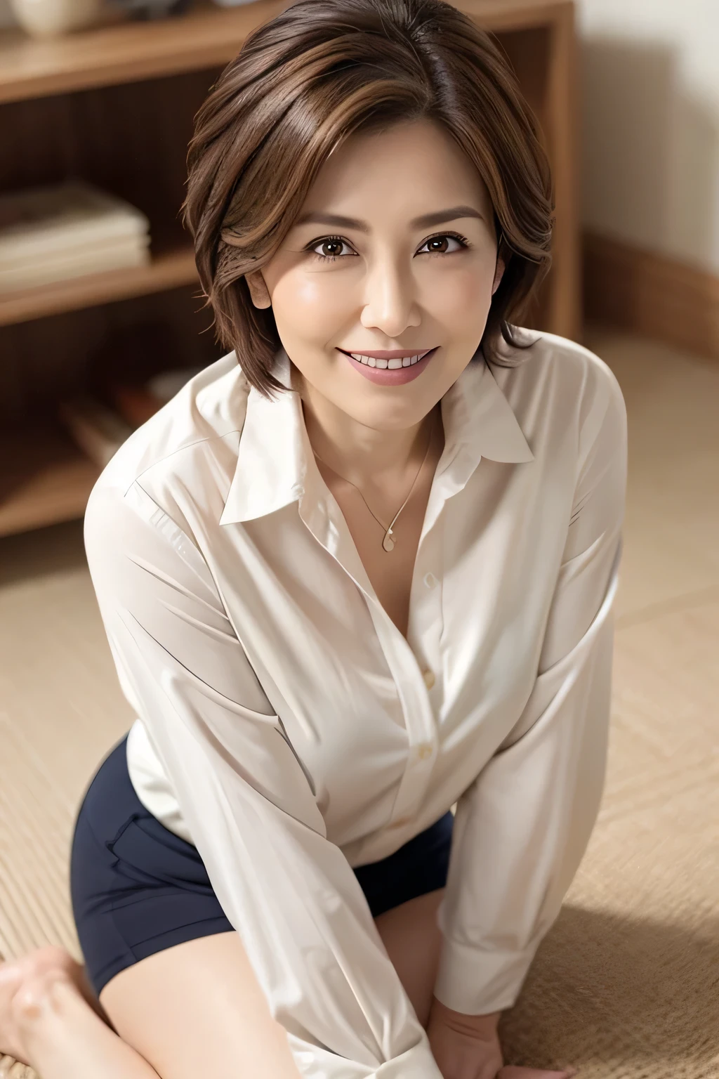 8K, Highest quality, masterpiece, Realistic, Realistic, Very detailed, Natural light, 1 Japanese female, 40 years old, Slightly brown-haired, short hair, White shirt, (Leaning forward to look into the floor camera), Detailed bending forward, Underwear and shirt, , Open neckline shirt with details, Her cleavage is visible, A refreshing smile, A friendly smile, Happy emotion smiley faces, Very detailedな顔と肌, Very detailedな目, Very detailedな顔と肌, Very detailed smile,