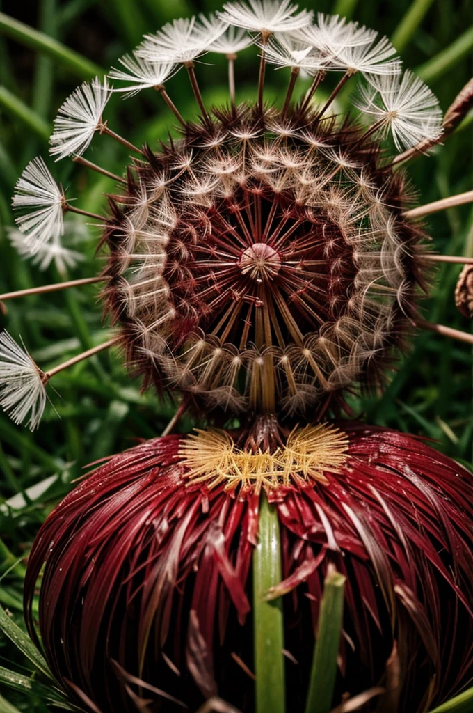 Dandelion covered in blood and blood dripping from the top of the bloody dandelion 