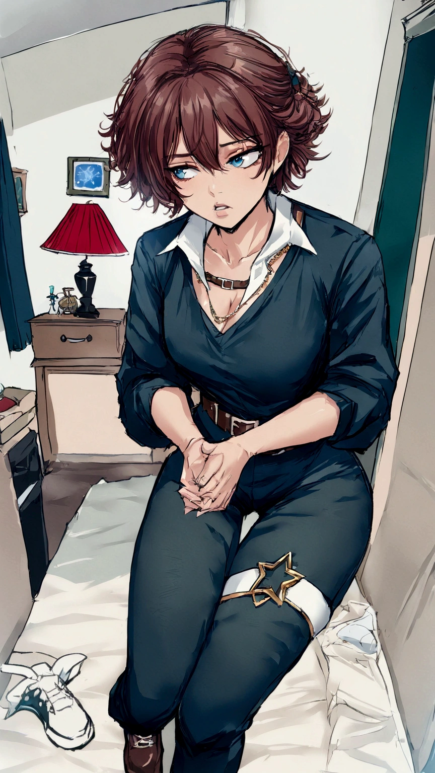 a lot of style, Shineki no kyojin,, , Cristina Renz,, 1 girl, belt, belt hebilla, by rubio, Blue eyes, brown shoes, brown pants, hebilla, chest belt, collared shirt, diamante (form), by the floating, on one side, whole body, Gray background, hair between the eyes, hands on one&#39;s own thighs, wide, long sleeves, Looking to the future, own hands together, pants, Chapped lips, shirt, shoes, session, Alone, shine, Star (Symbol), thigh strap, white shirt, , , ((Masterpiece)), Best Quality, , 