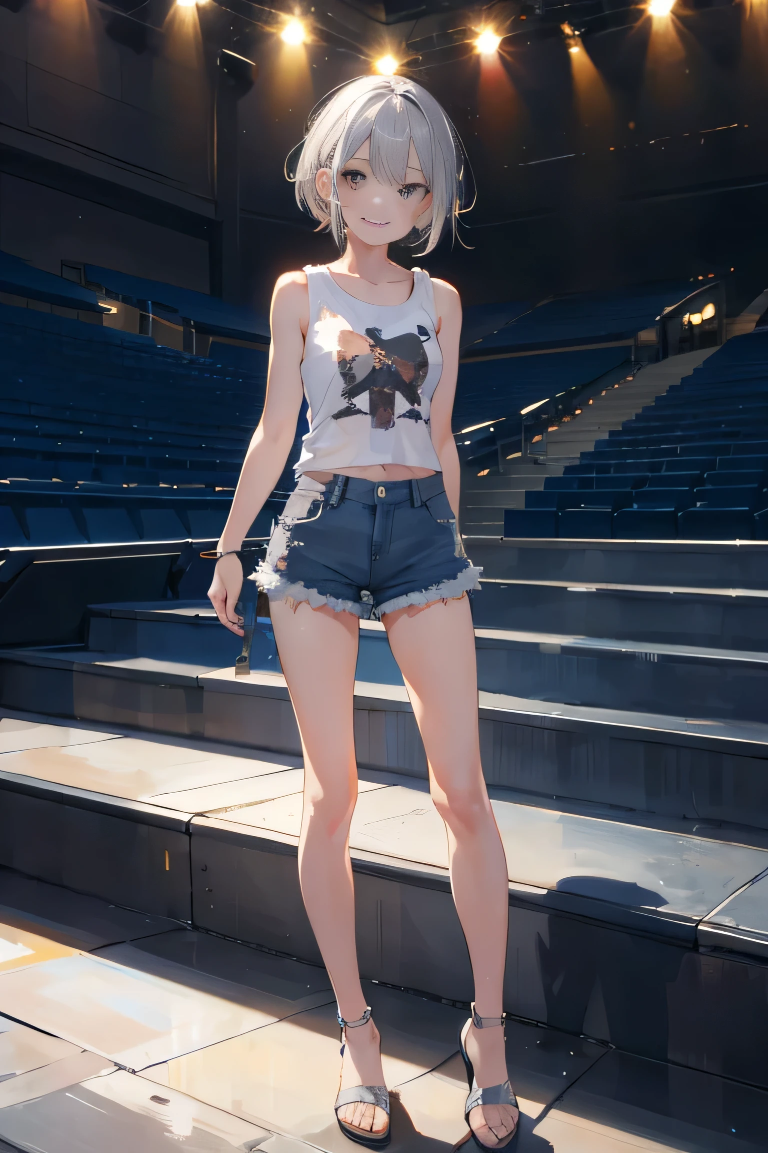 (masterpiece, Highest quality), 1 Girl, alone, Looking at the audience, summer , Sleeveless T-shirt, smile, Silver Hair, Short denim pants, standing , full body , toe