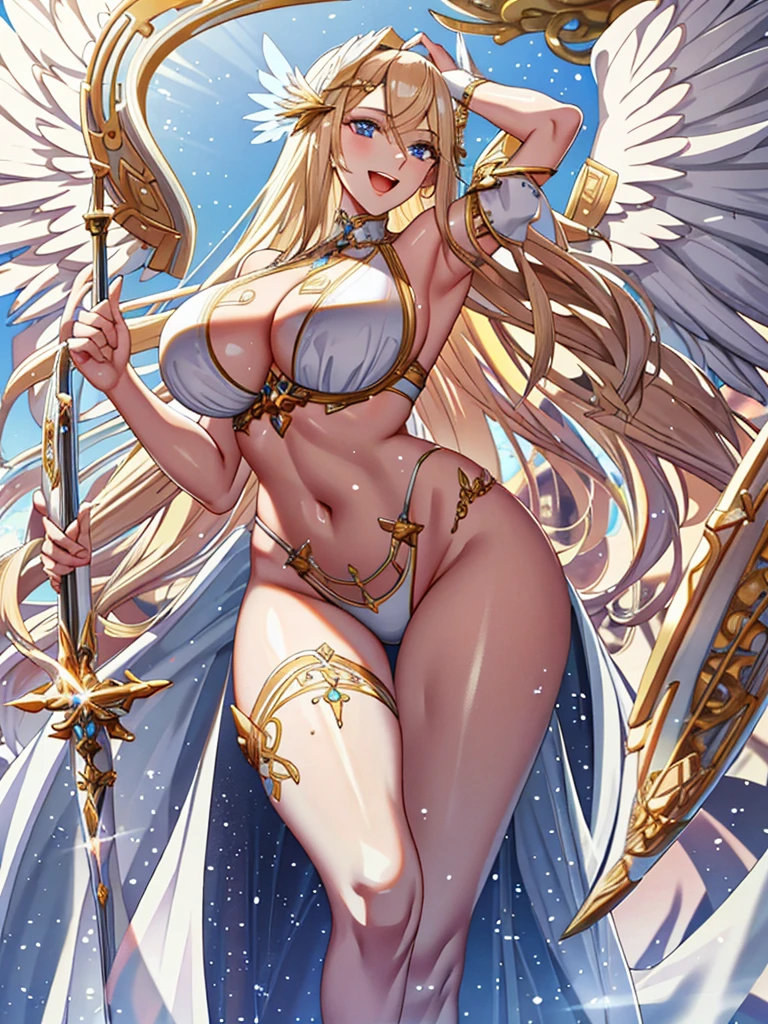 A priestess in a white bikini,Valkyrie,Angel Wings,belly button,Complex,Particles of light,Thighs,Shiny skin,Big Mouth、running、Long legs、Perfect lighting, One adult woman, View your viewers、Open Mouth Smile、(masterpiece), (Highest quality), maternal, Porcelain-like skin, Honey Blonde Hair,Detailed blue eyes、Very long straight hair
