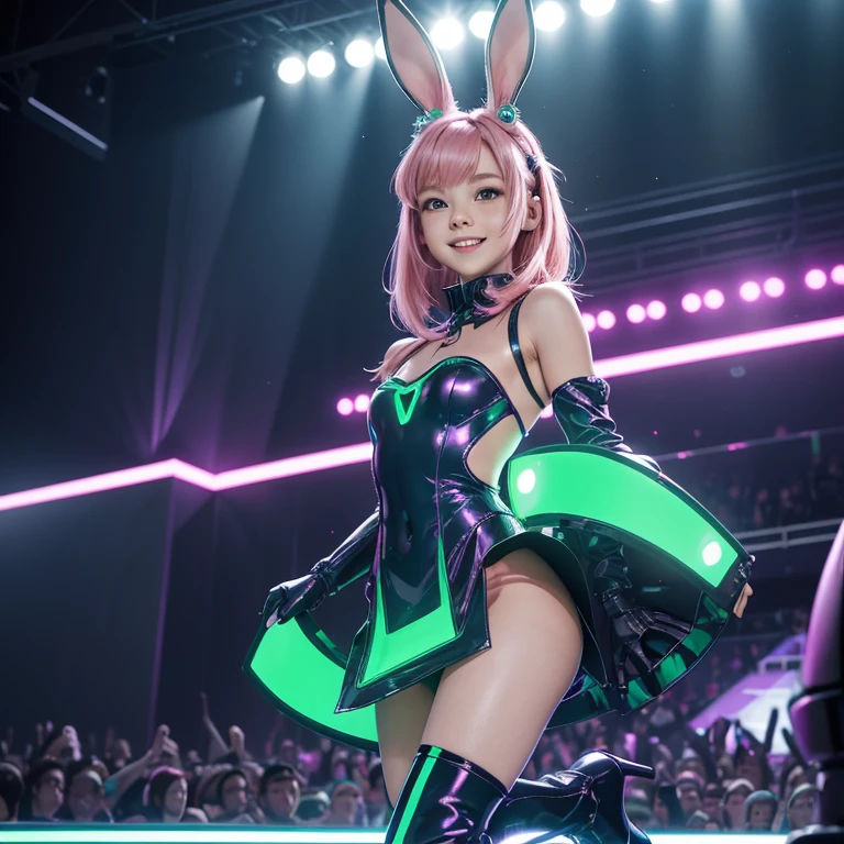(masterpiece), (best quality), (high res) Solo, (perfect anatomy), (young girl (10 years old), fair skin, pink hair (shoulder length), green eyes, (bunny ears) (skin tight idol outfit), (blue high heels boots), (shirt), (super tight mini skirt), smiling, flat chest in a futuristic stage setting with a green light, cyberpunk, cyber suit, best anime 4k, cybersuits, singing to a big crowd of people