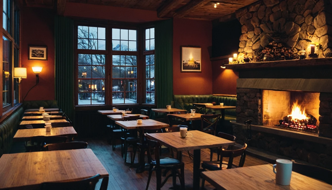 at night a cozy coffeeshop with a lot of tables, a big window in the center and a fireplace