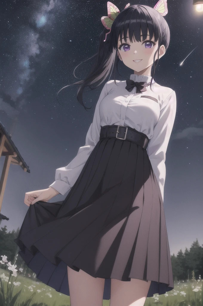 (masterpiece:1.3), (best quality:1.1), (8k, ultra detailed, ultra high res:1.2), ((anime style)), perfect 5 fingers, perfect anatomy,
1girl,
Kanao Tsuyuri,
BREAK long hair, side ponytail,
black hair,
purple eyes,
butterfly hair ornament,
(medium breasts:0.9),
BREAK (purple shirt:1,2), pleated purple skirt, long sleeves, white haori,
smile,
looking at viewer,
cowboy shot,
perfect light,
outdoors, forest, field, (night time, night sky, starry sky:1.2),