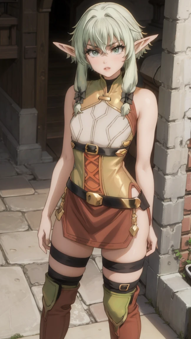 1 girl,20 years, Portrait of a girl, face accent, One,happy face,black and gold long dress,middle, elf archer from Goblin Slayer, White hair, sexy figure, very beautiful, erotica, long hair,yellow eyes,Elf Ears, black small horns,white tights,Detailed long boots,golden tiara,Luxurious gold jewelry,(((standing on the porch of the castle)))