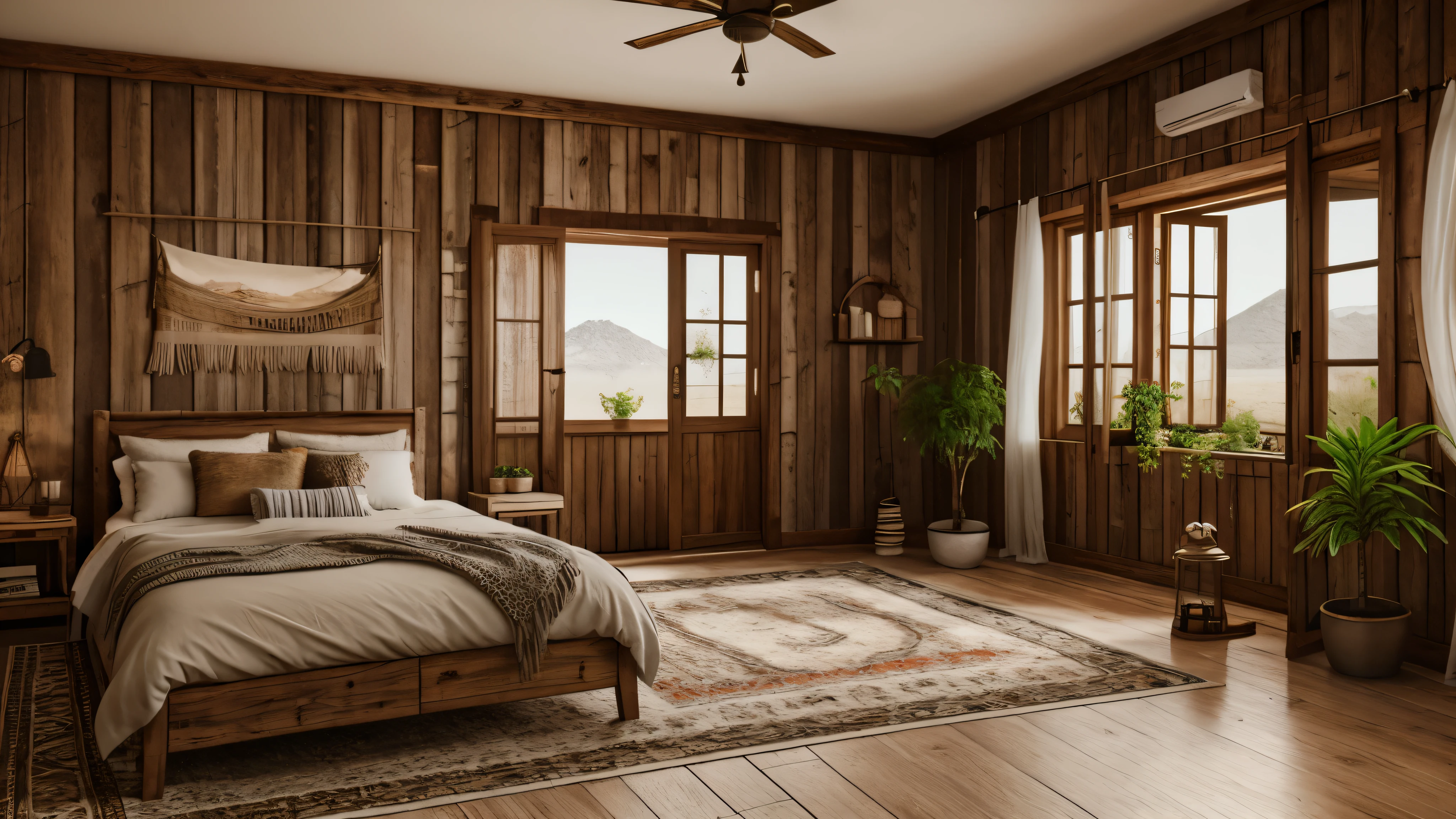Mockup frame in nomadic boho interior background with rustic decor, 3d render