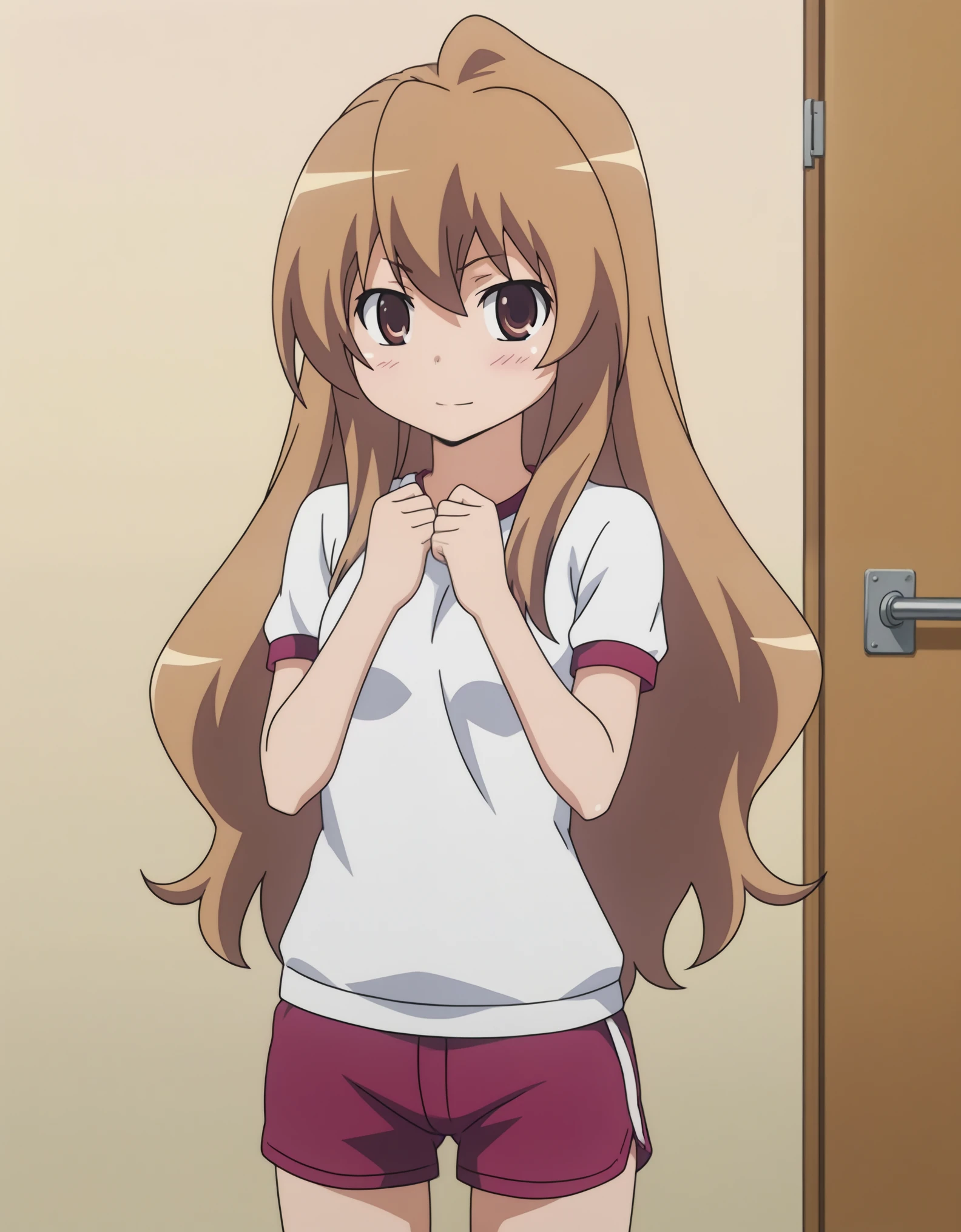 solo, TaigaAisaka, 1girl,brown hair,long hair,brown eyes, gym shirt, shorts, uncensored, nsfw,