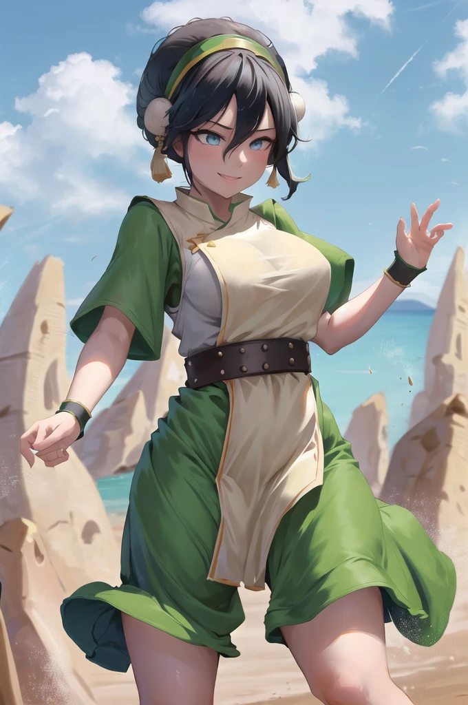 masterpiece, best quality, highres, 1girl, solo, black hair, hairband, belt, short hair, dress, blue eyes, hair bun, green hairband, blind, chinese clothes, hair bun, green dress, short sleeves, pelvic curtain, smile, sexy stance, busty, wide hips, wet clothes