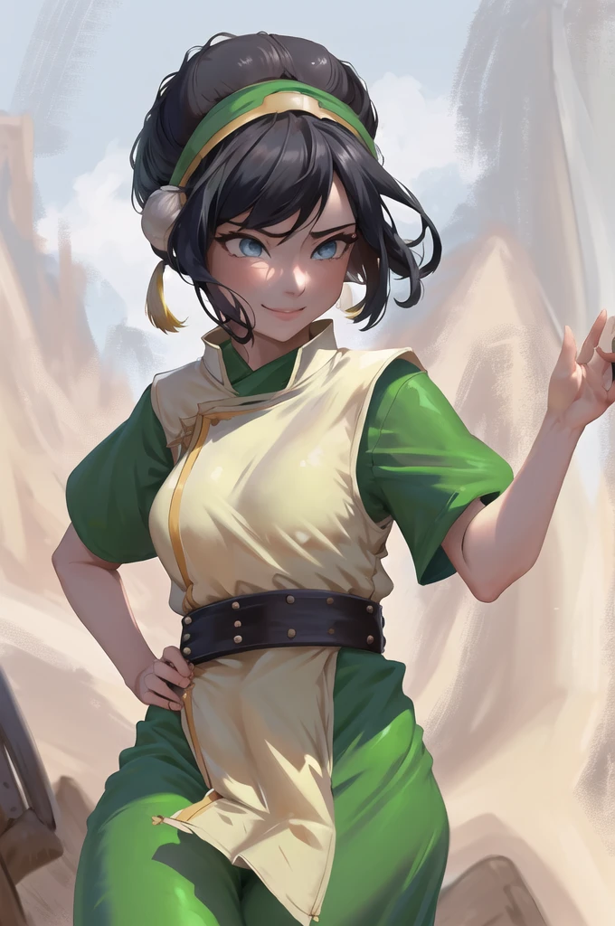 masterpiece, best quality, highres, 1girl, solo, black hair, hairband, belt, short hair, dress, blue eyes, hair bun, green hairband, blind, chinese clothes, hair bun, green dress, short sleeves, pelvic curtain, smile, sexy stance, busty, wide hips, wet clothes