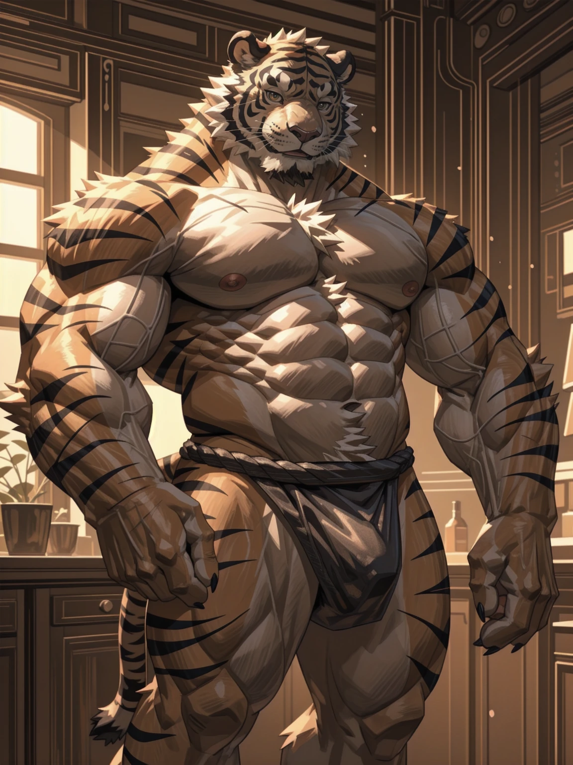  Solo, (bara:1.2), blush, orange fur, furry, (furry male:1.5),(male focus:1.2), (muscular:1.2),(orange tiger:1.4), muscular male,detail bedroom background, (happy), tail, (thick thighs), detailed eyes, focus on body, tail, (very detail),handsome, good anatomy, by lindong, looking at viewer, (detail in red tiny briefs:1.2), bulge,(red fundoshi),lindongstyle