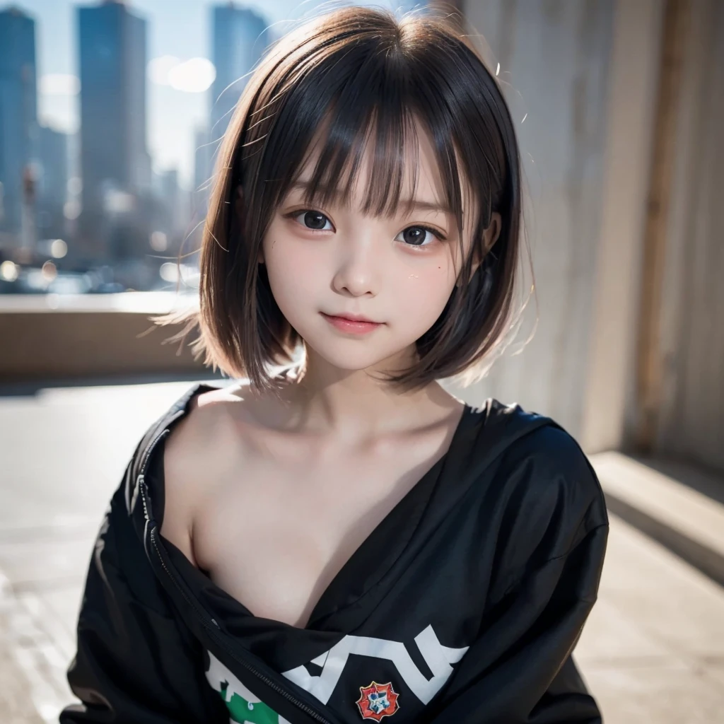 (((Beautiful girl small breasts))),Wearing a black jacket、Cyberpunk Red Green Background、(((Upper body naked))),smile,(((Small body))),(((Cute sister))),10age、Young、Elemen face,Big eyes, Round eyes、No makeup、Sweaty