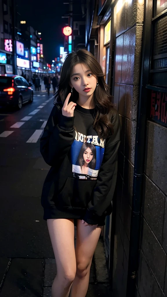 one girl,Beutiful women,Photograph the whole body,At night,In a corner of Kabukicho,Put on earrings,Wear a sweatshirt