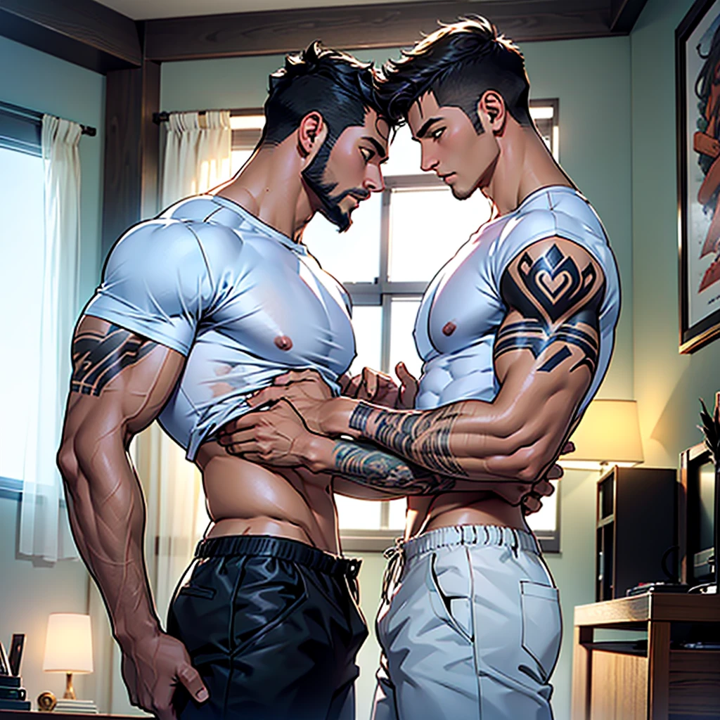 ((Best Quality)) ((high definition quality)), ((Masterpiece)), (detailed), ((without errors)), ((no duplicate limbs))
Create a modern apartment, two figures stand out in a dim and warm room. Cipriano, a muscular Argentinian man in a tight white t-shirt, shows tattoos on his arms and chest. With short punk messy hair and well-groomed beard, gently kisses Min-Joon&#39;s neck. Min-Joon, a young Korean man with an urban style, He wears a white t-shirt. Tender and sweet face, perfectly shaved, His body is smaller and skinnier than Cipriano. His posture is relaxed but full of energy, His dark, messy hair falls over his forehead., and his tattoos cover his neck and arms. The room is partially lit by city lights coming through the window, creating an intimate and passionate atmosphere. Cipriano is the active and dominant one while Min-Joon is the passive one in the relationship. 