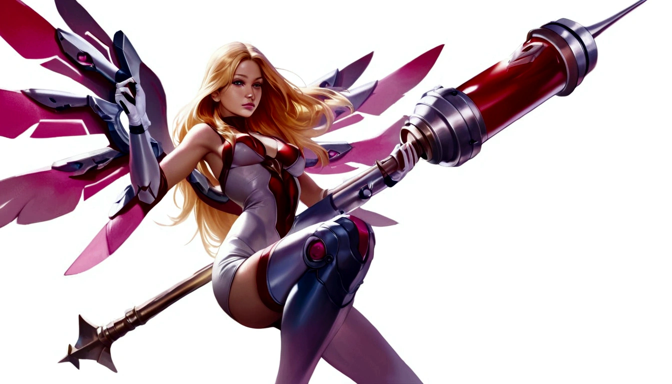 One woman, Rafaela, is dressed in ke Pink, Sexy, winged, carrying big shot, long blonde hair, realistic, ultra detailed, 70 mm lens