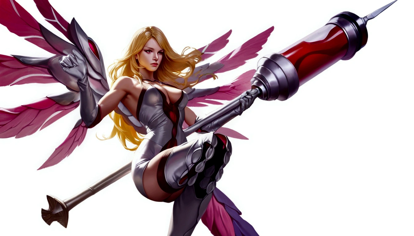 One woman, Rafaela, is dressed in ke Pink, Sexy, winged, carrying big shot, long blonde hair, realistic, ultra detailed, 70 mm lens
