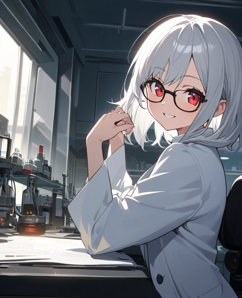 Anime painting:1.2,A small, young girl with long silver hair, red eyes and glasses wearing a white lab coat smiles wickedly.:1.2,In a dimly lit laboratory,Composition from the upper body up,Cross-legged on office chair、Posing